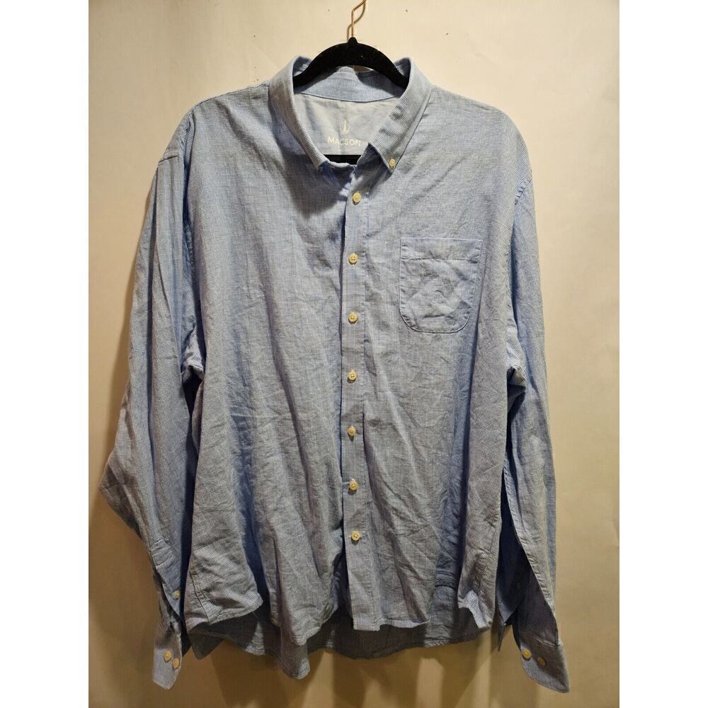 Macson Linen Blend Button Down Check Print Shirt Mens 06 XL Blue Collared